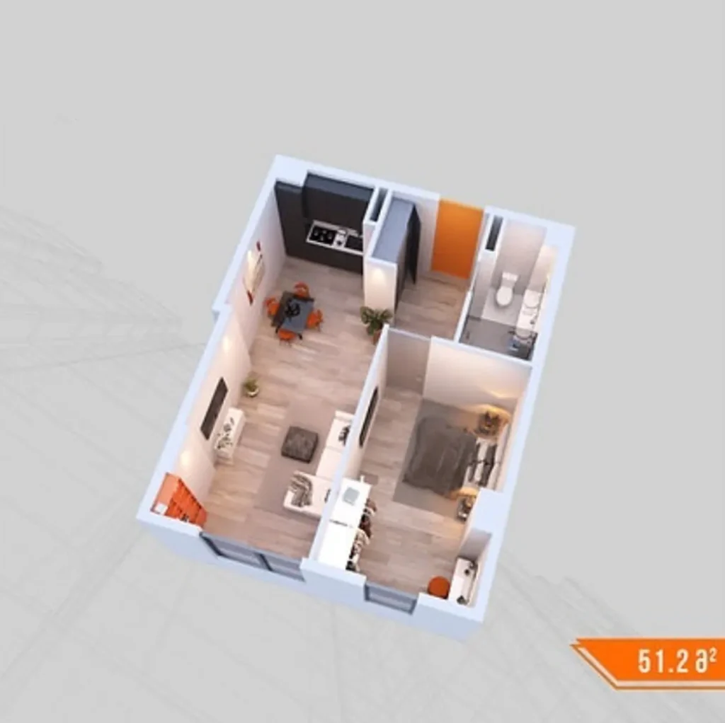 51,2 m²'lik, panoramik manzaralı aydınlık tek odalı daire,