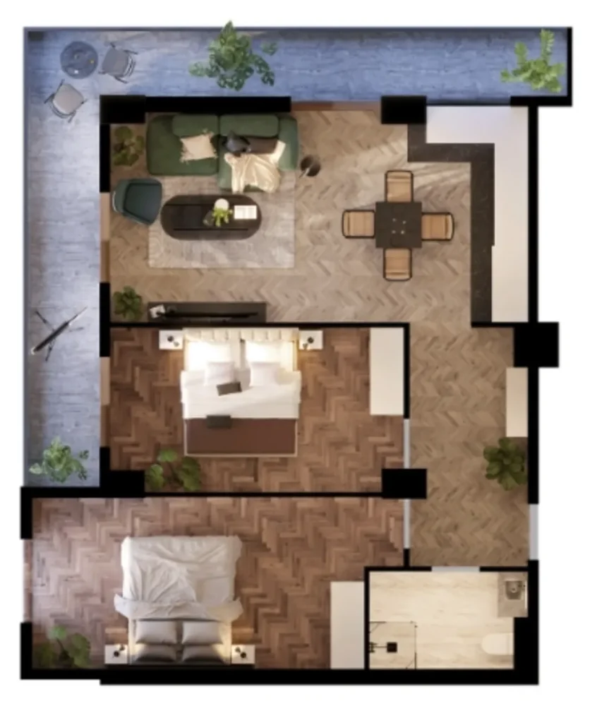 100,77 m²'lik, iki yatak odalı geniş daireler,