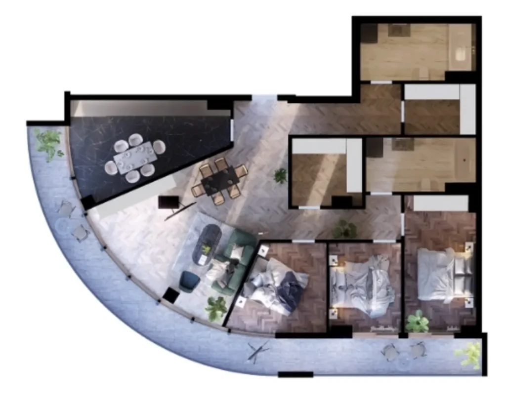 175,26 m²'lik, iki yatak odalı geniş daireler,