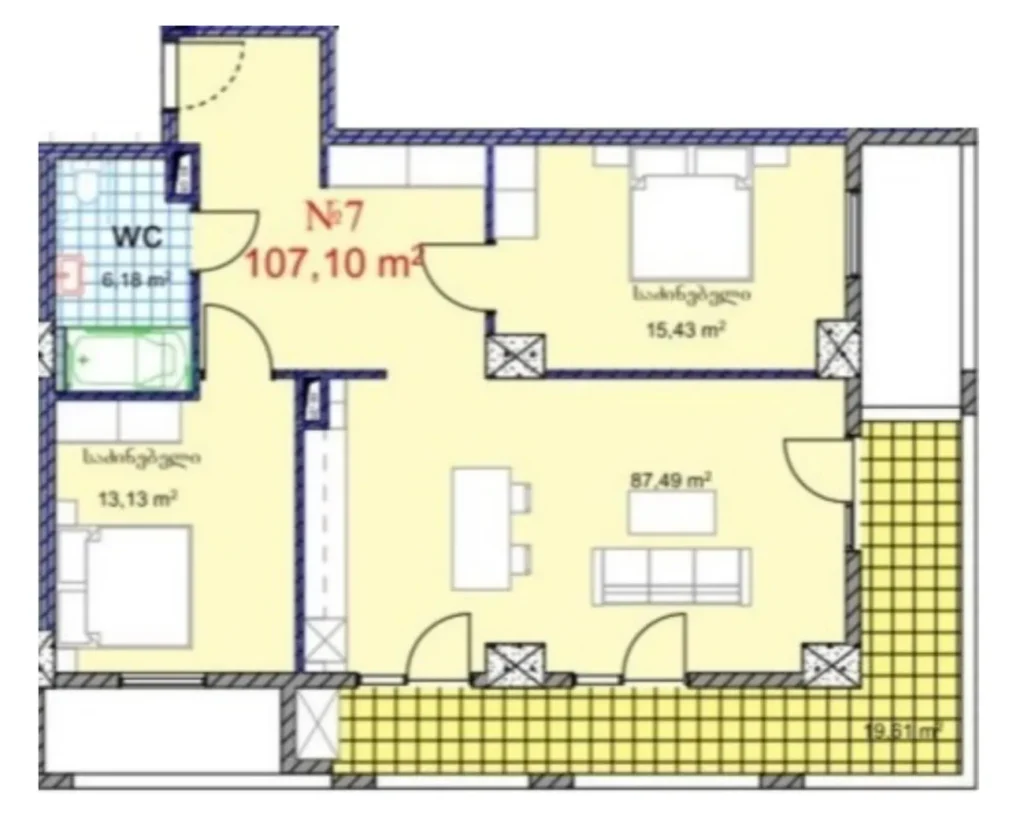 107,1 m²'lik, panoramik manzaralı iki odalı daire,