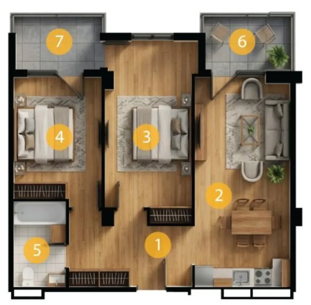 A spacious two-room flat measuring 79.3 m² in