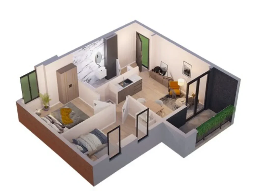 Двухкомнатная квартира с балконом  49.6 м² в