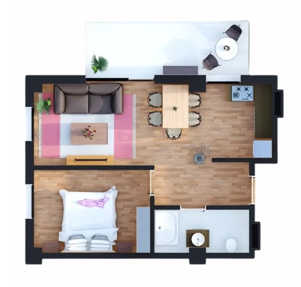 A bright one-bedroom flat measuring 56.9 m² in