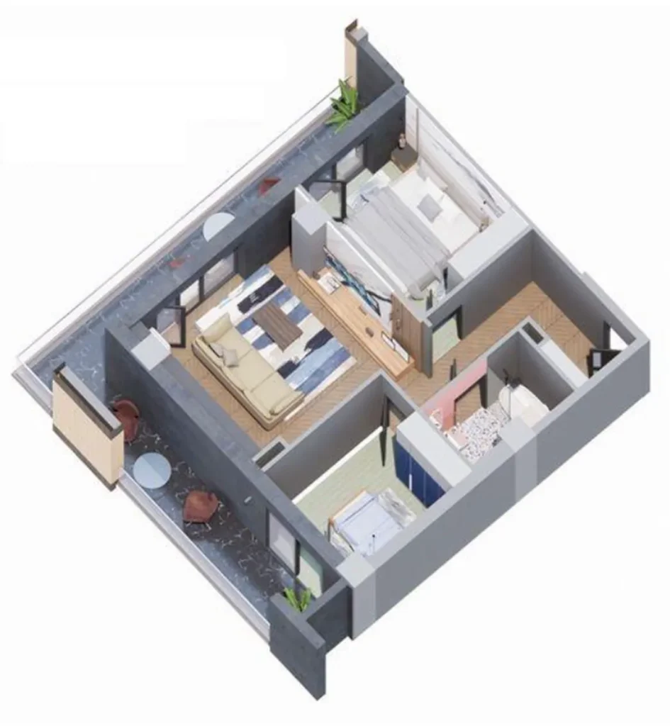 Eine Zweizimmerwohnung mit einem geräumigen Wohnzimmer (77,2 m²) in