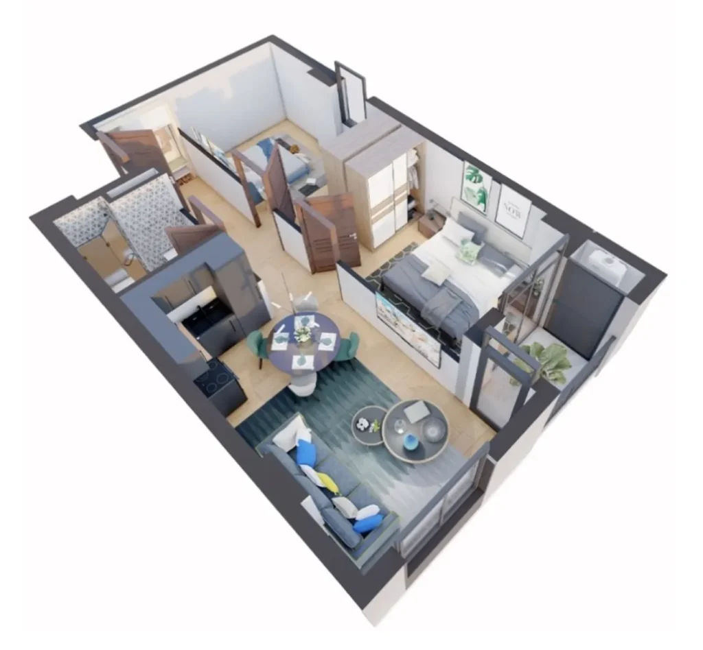 Un spacieux deux-pièces avec balcon de 58,1 m² à