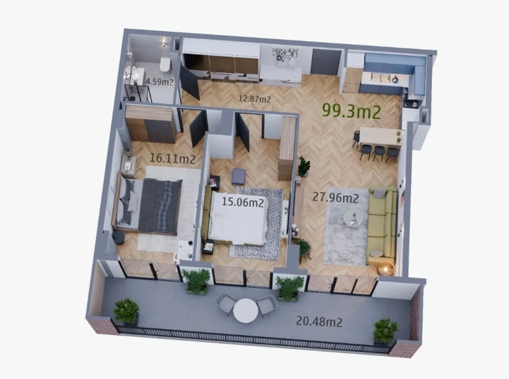 A green two-room flat with a balcony, 99.3 m², in