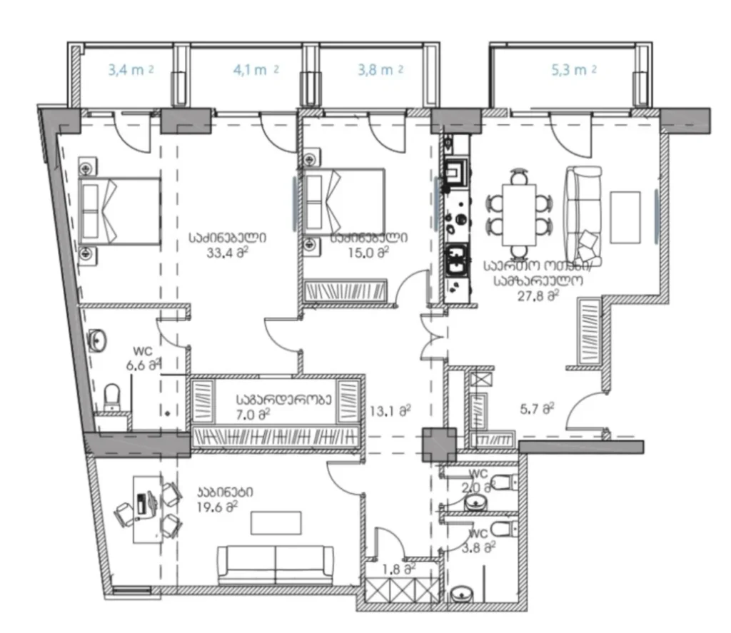 Piso de lujo de dos habitaciones con vestidor, de 113 m², en