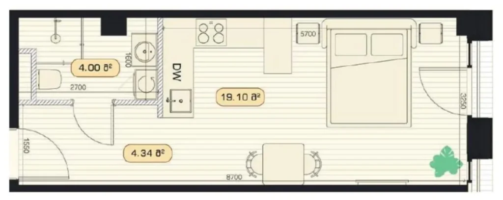 Geräumige Dreizimmerwohnung mit Panoramablick, 27,6 m² in