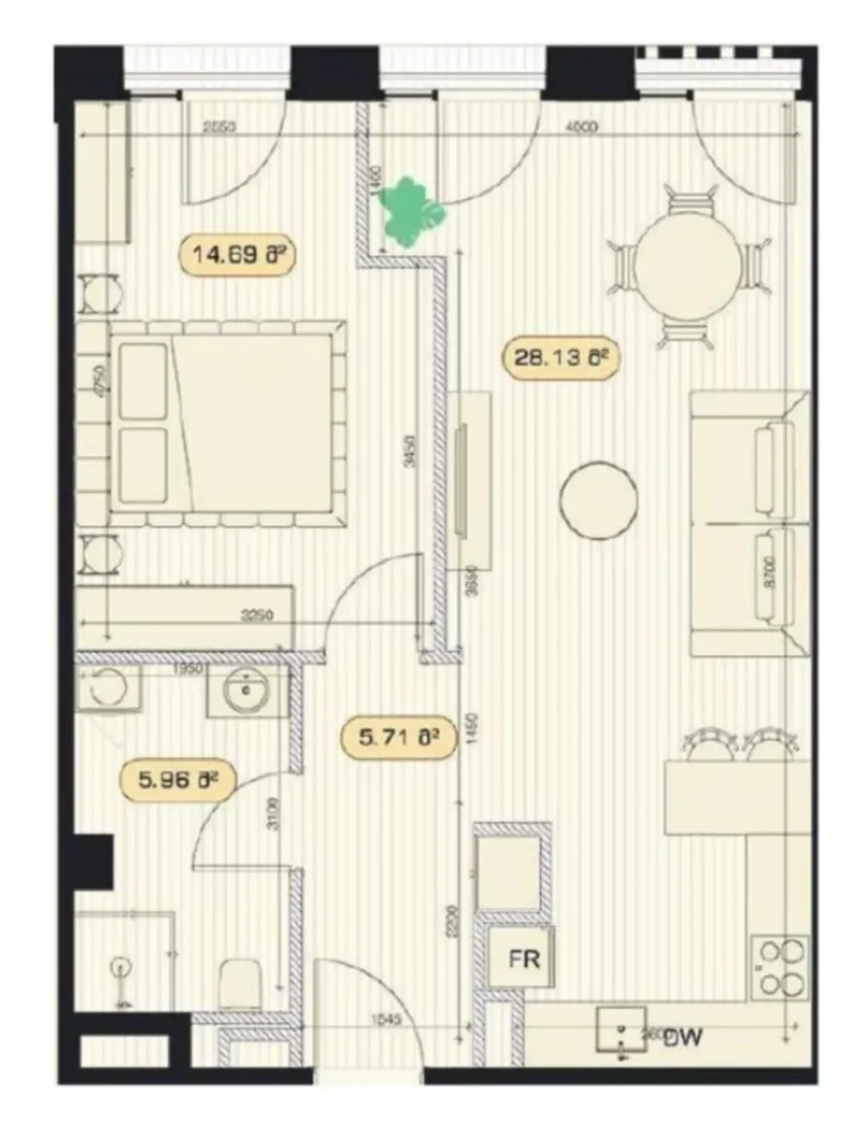 A stylish one-bedroom flat with panoramic windows, 56.3 m², in