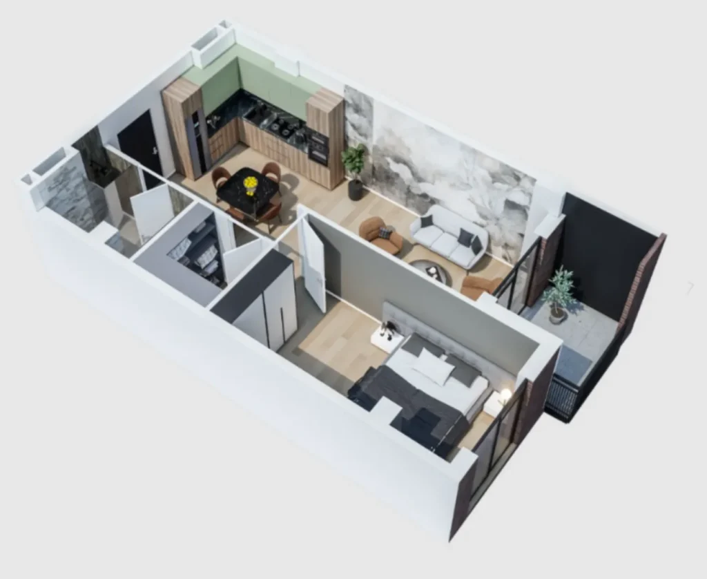 Eine komfortable Einzimmerwohnung mit durchdachter Raumaufteilung (55,5 m²) in
