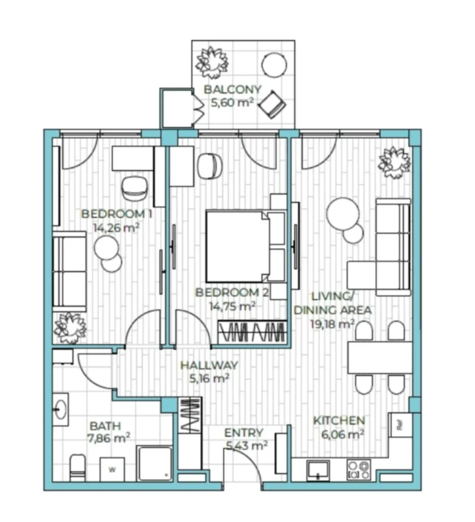 Nowoczesne dwupokojowe mieszkanie o powierzchni 80,7 m² w