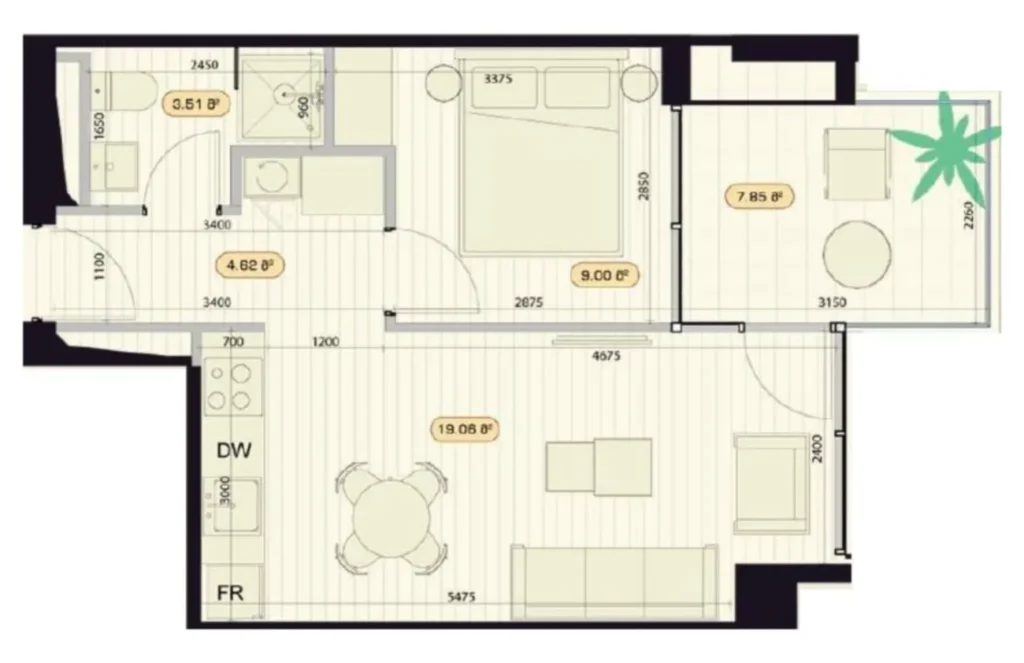 Estudio ergonómico con distribución por zonas de 45,35 m² en