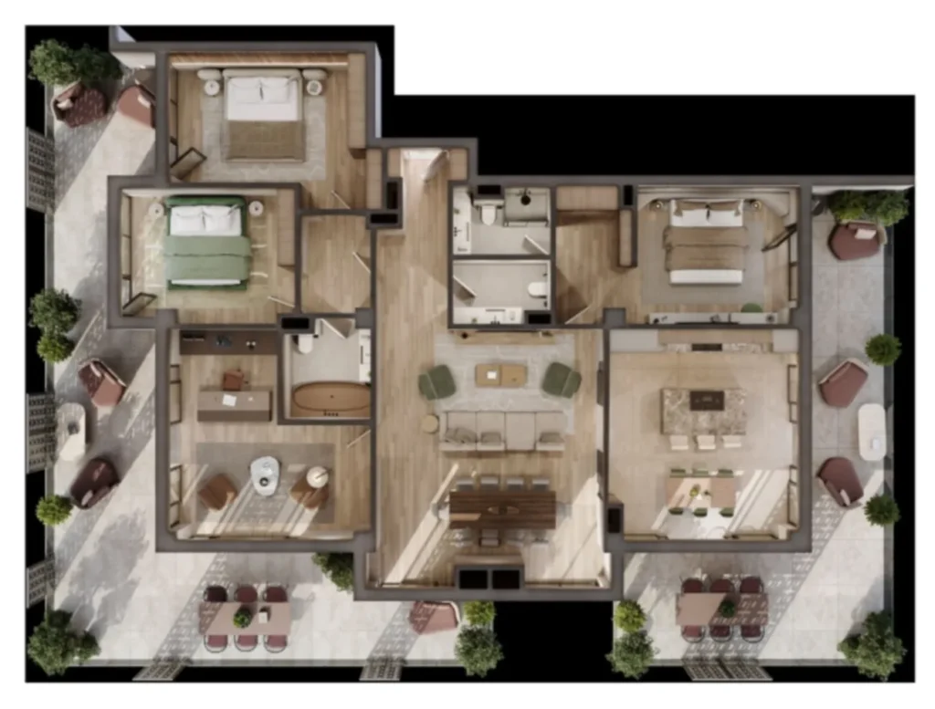 102 m²'lik ergonomik iki odalı daire,