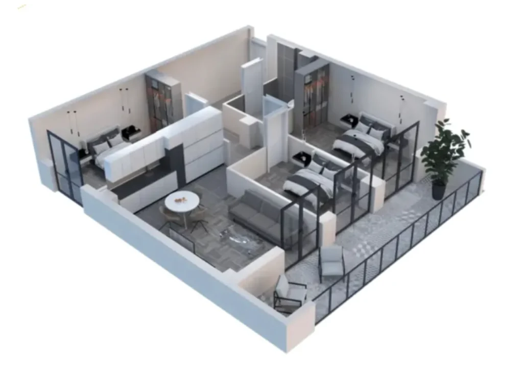 61,9 m²'lik, sıcak ve konforlu iki odalı daire,
