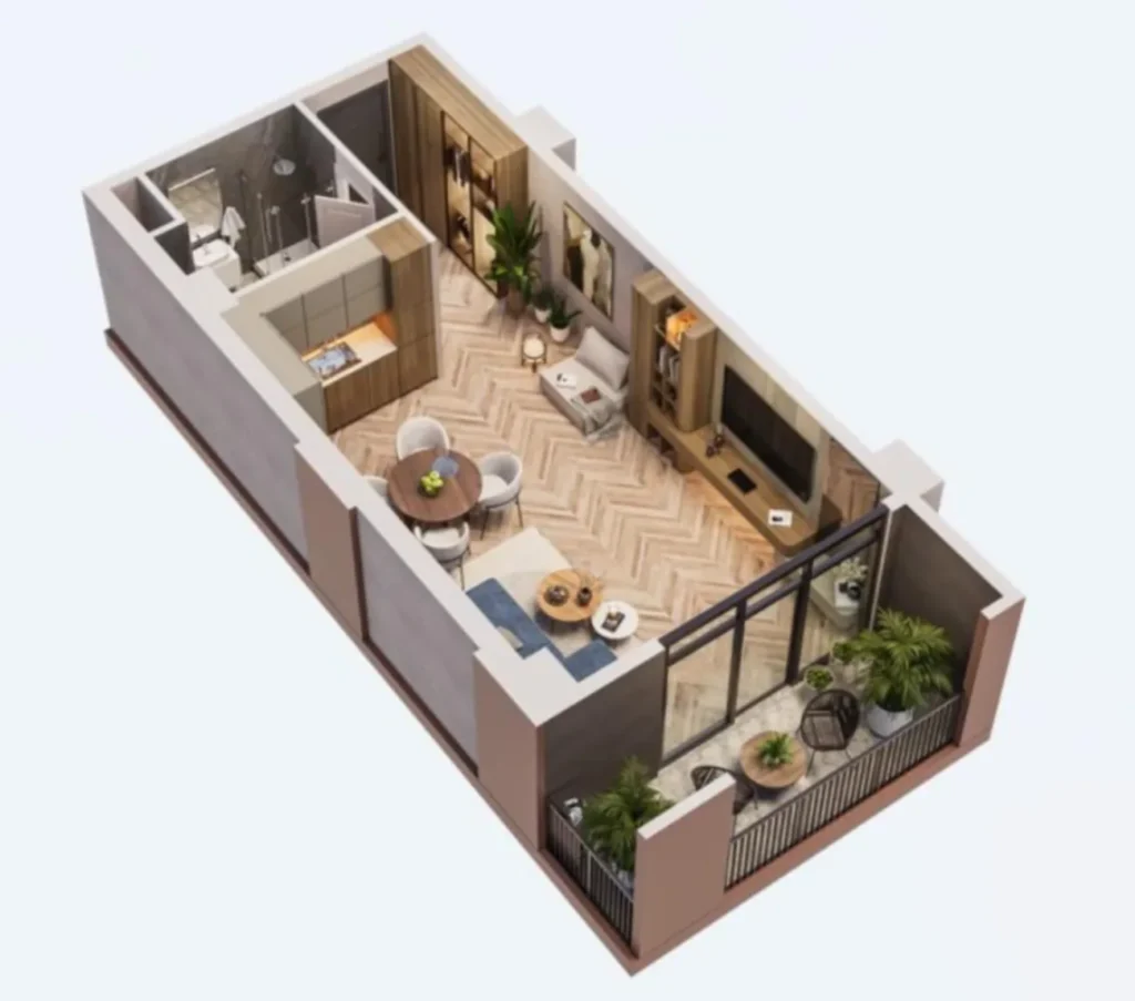55,2 m²'lik geniş bir stüdyo daire,