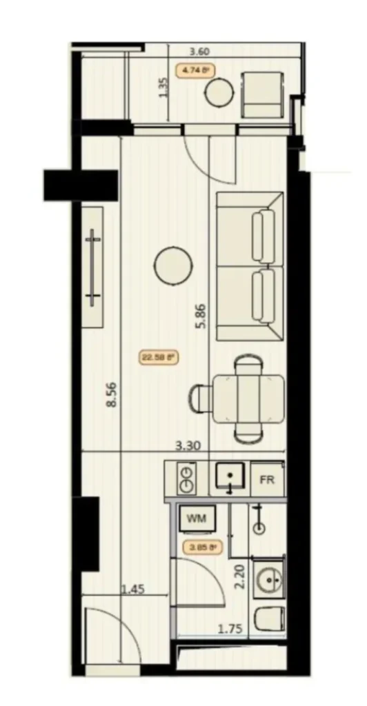 Elegantní třípokojový byt o rozloze 31,59 m² v