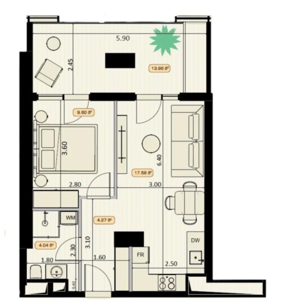 Ergonomické studio k bydlení o rozloze 31,59 m² v