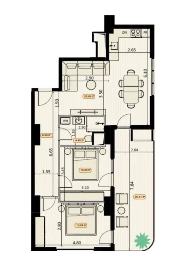 Prostorný dvoupokojový byt o rozloze 85,89 m² v