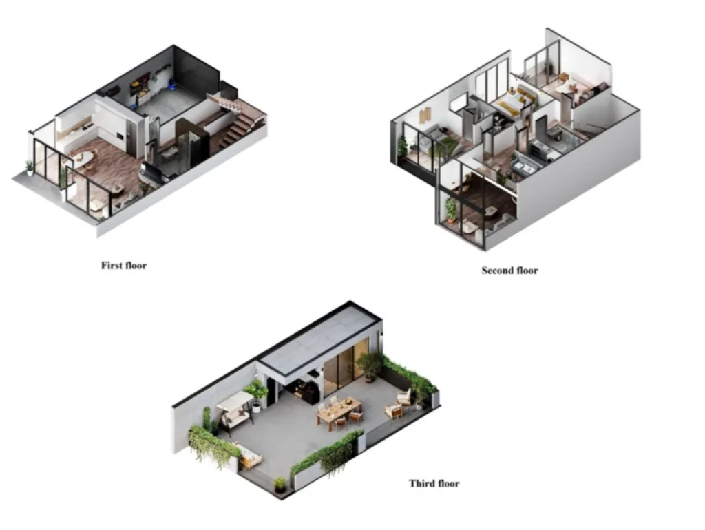 A spacious three-storey townhouse with 3 bedrooms, measuring 291.4 m², in