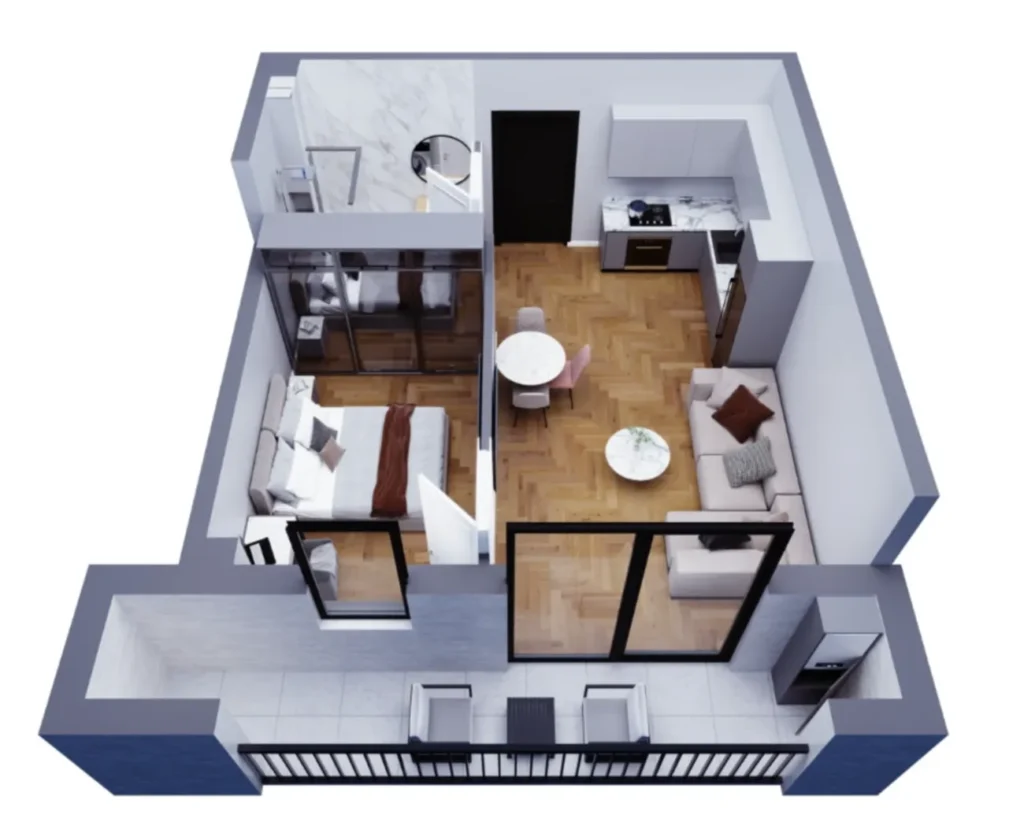 Accogliente monolocale con balcone di 45,6 m² a
