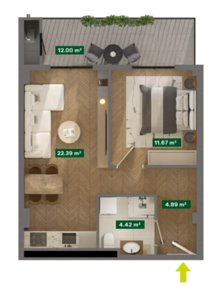 Un piso de un dormitorio, sencillo y espacioso, de 56,99 m² en