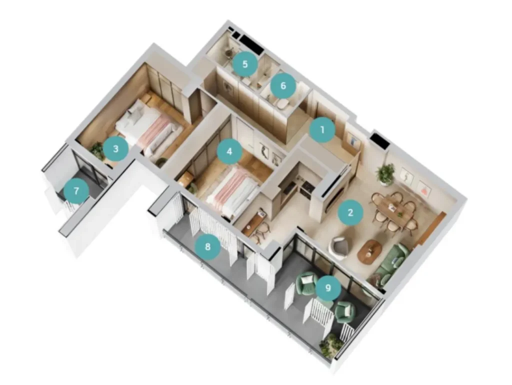 Un armonioso y espacioso piso de dos habitaciones de 104 m² en