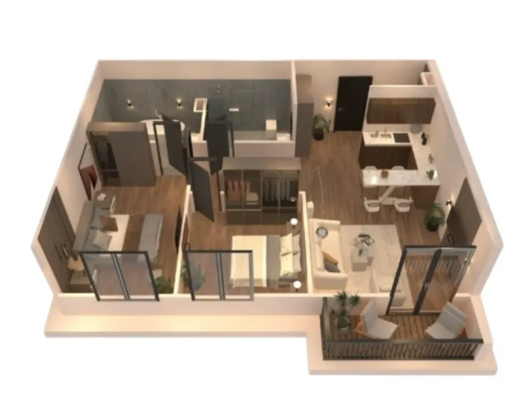 76 m²'lik geniş ve konforlu iki odalı daire,