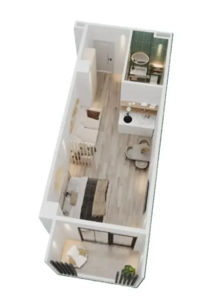Ein gemütliches, schlichtes Studio mit einer Fläche von 34,19 m² in