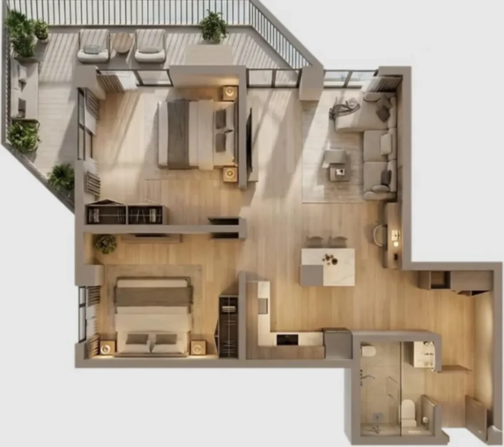 52 m²'lik modern ve sade tek odalı daire,