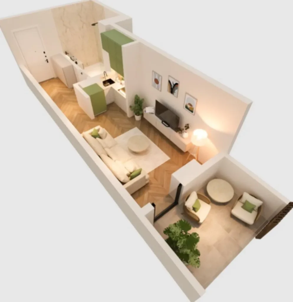 35,5 m²'lik şık ve kompakt stüdyo daire,