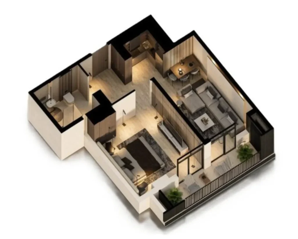 Appartement haut de gamme de trois pièces avec vue panoramique, d'une superficie de 48,7 m², situé à