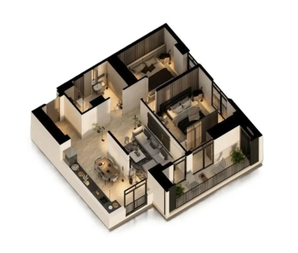 Confortable deux-pièces avec balcon et vue, d'une superficie de 88,6 m², situé à