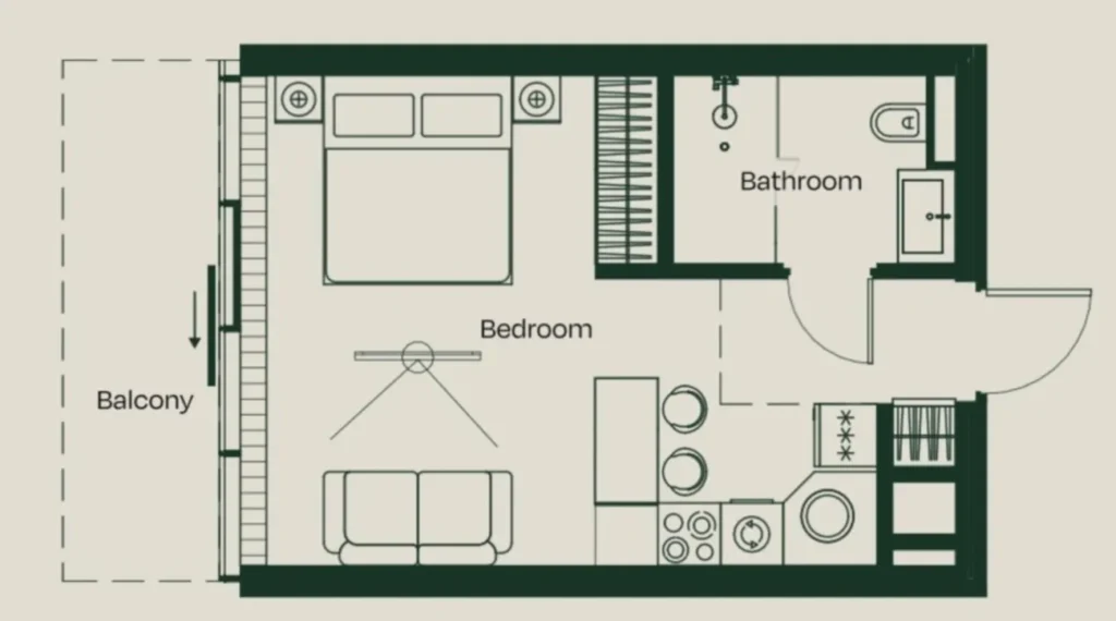 Confortable deux-pièces avec balcon et vue, d'une superficie de 38 m², situé à