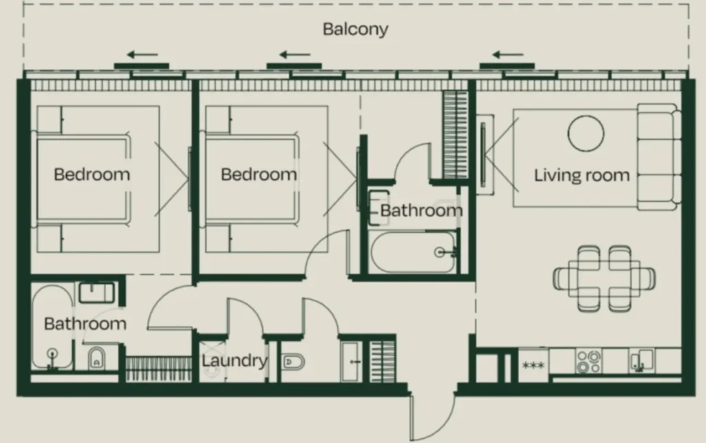 Prostorný dvoupokojový byt se dvěma koupelnami o rozloze 107,8 m² v