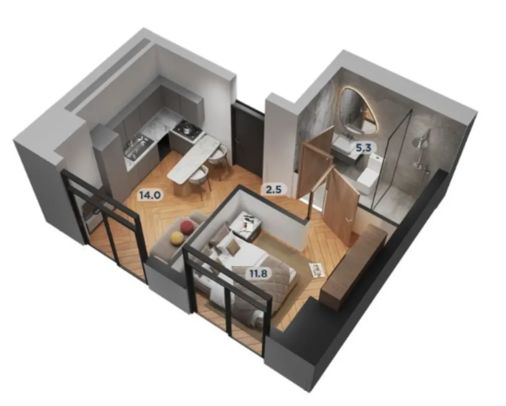 Elegante monolocale con cortile verde di 39,5 m² a