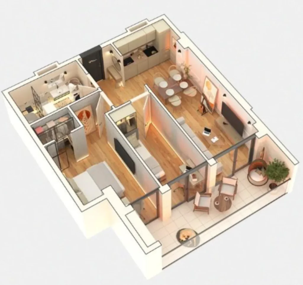 Un studio confortable de 63,2 m² dans un immeuble à ossature blanche, situé à
