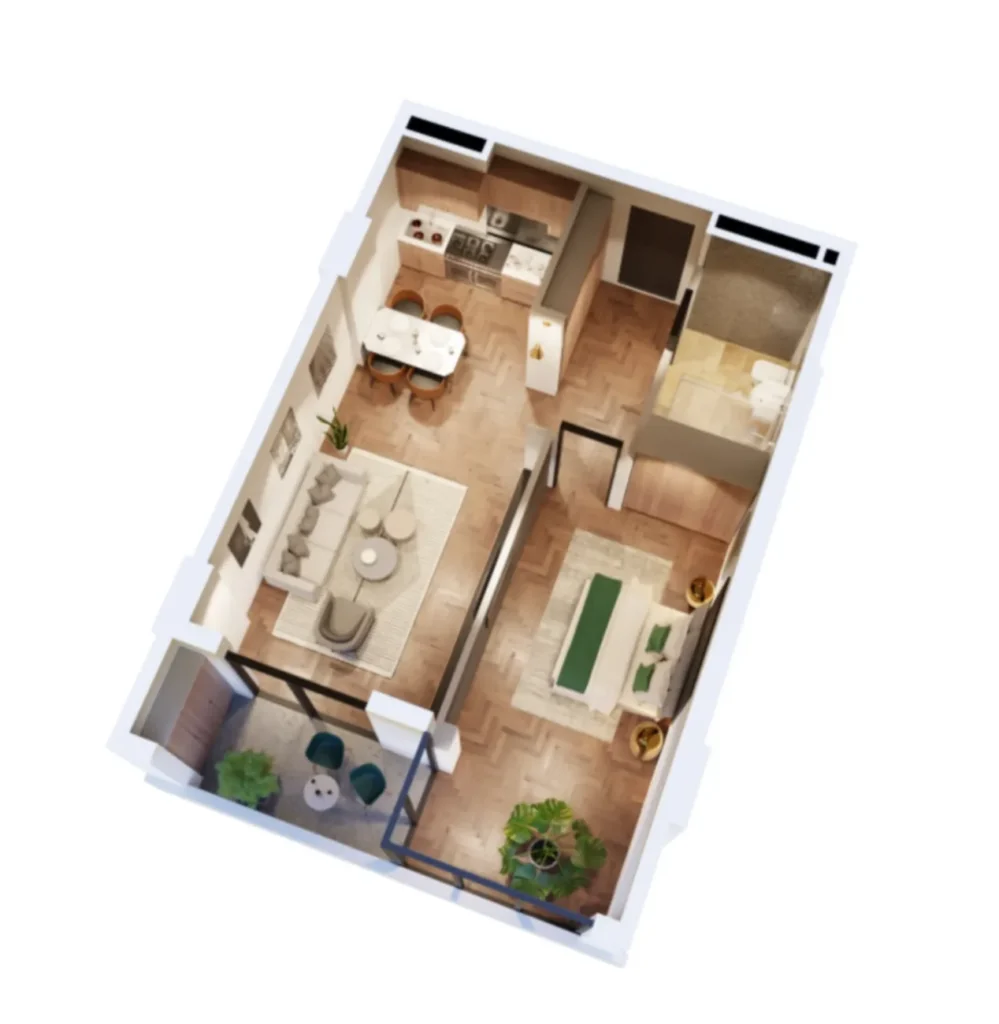 דירת שני חדרים עם מרפסת, במבנה בעל שלד לבן, בשטח של 60.5 מ"ר ב-