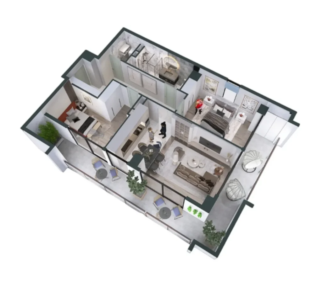 A comfortable two-room flat measuring 91.17 m² in