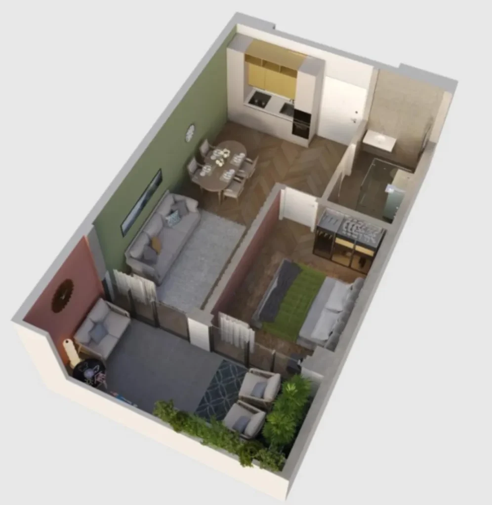 50,9 m²'lik, balkonlu, ergonomik tek odalı daire,
