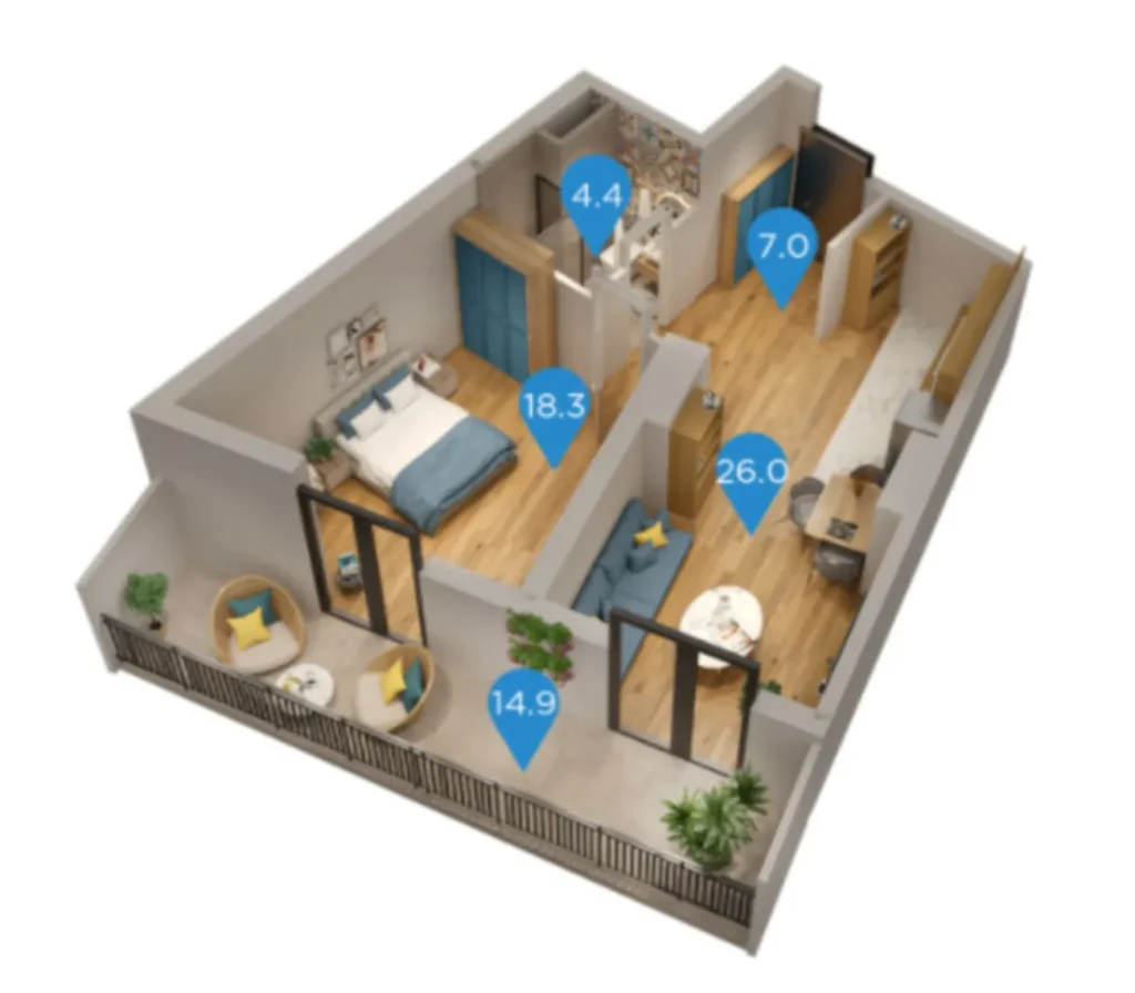 Un appartement lumineux de trois pièces dans un quartier verdoyant, d'une superficie de 70,6 m², situé à