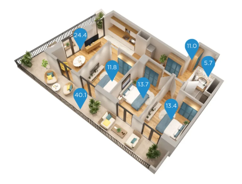 A luxury two-room flat with a balcony, 64.6 m², in