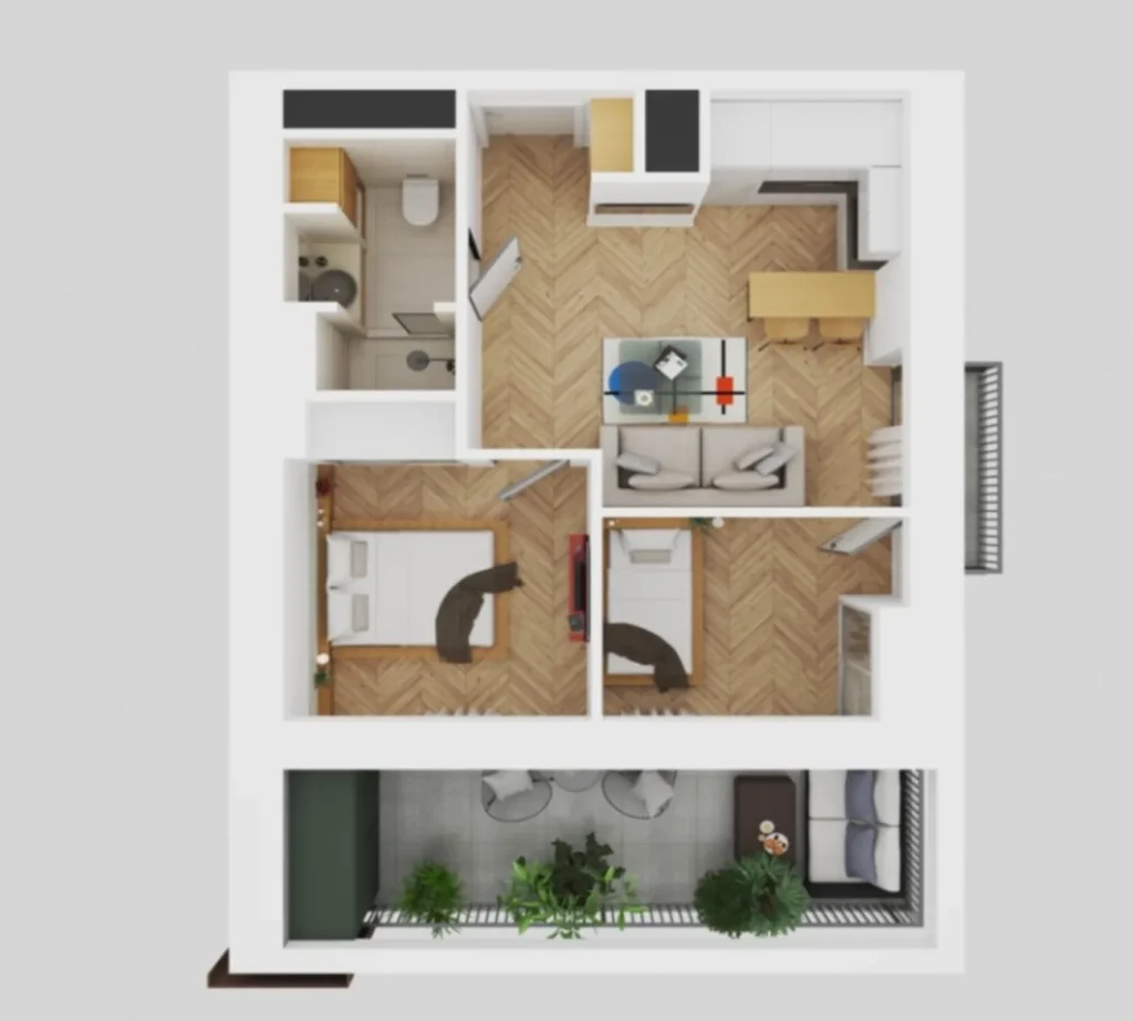 Appartamento compatto di due locali con balcone di 52,2 m² a
