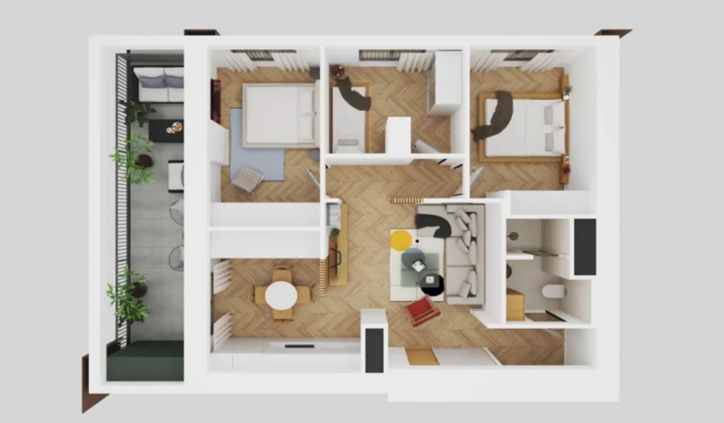 Appartamento compatto di due locali con balcone di 52,2 m² a