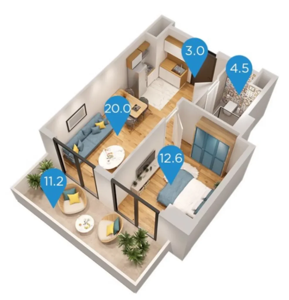 Luminoso monolocale a Saburtalo, 51,3 m² a