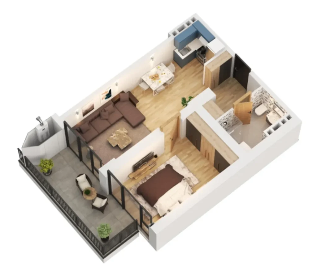 54,9 m²'lik kullanışlı ve konforlu 1 odalı daire,