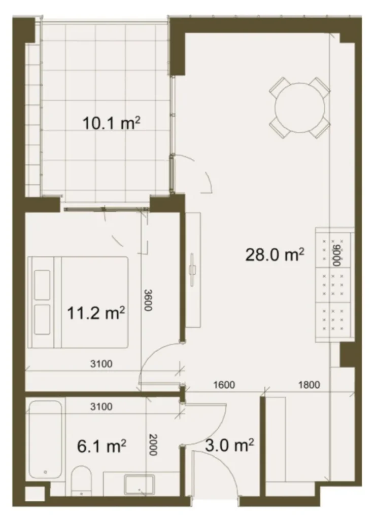 Трёхкомнатный простор для семьи 58 м² в