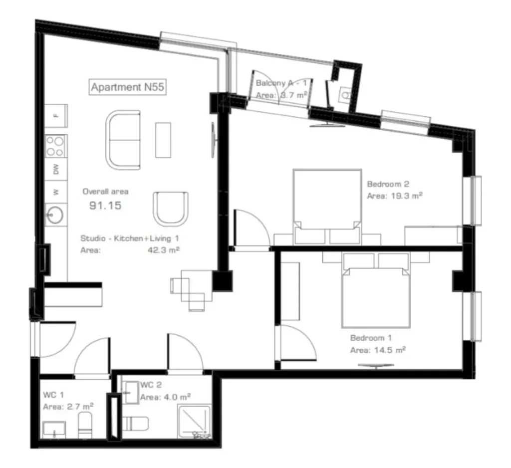 Стильная студия с уютным балконом 91.2 м² в
