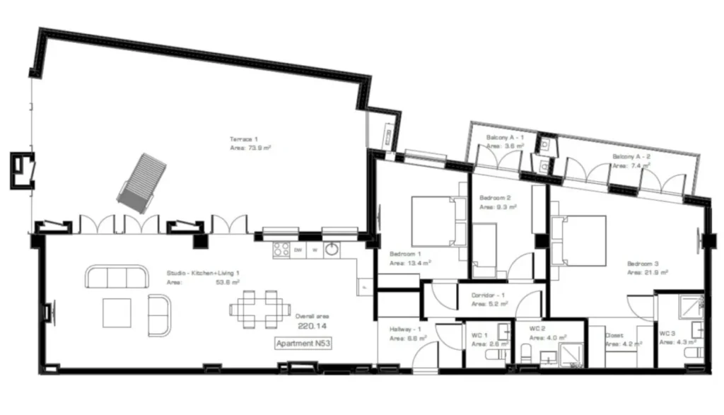 Двухкомнатная квартира с двумя санузлами 220.2 м² в