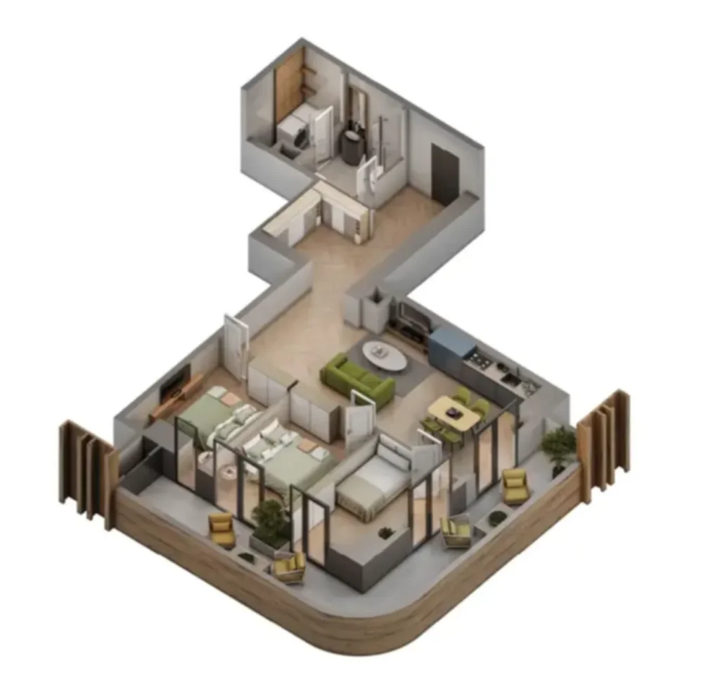 123,4 m²'lik, panoramik manzaralı üç odalı daire,