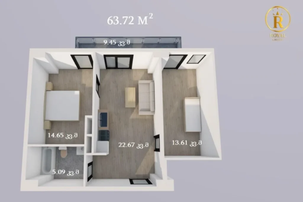 Prosty dwupokojowy mieszkanie dla rodziny o powierzchni 63,72 m² w